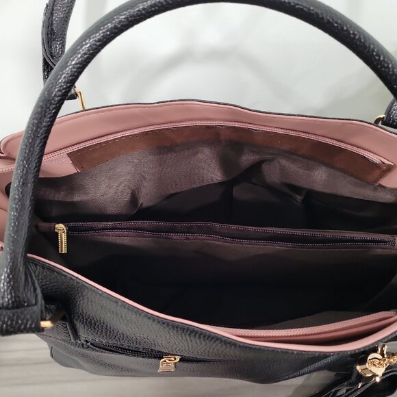 Black Faux Leather Tote Bag Pink Accents Satchel Crossbody Purse w Charm - Picture 9 of 10